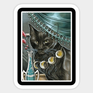 Black Cat with Moon Necklace - White Outlined Version Sticker